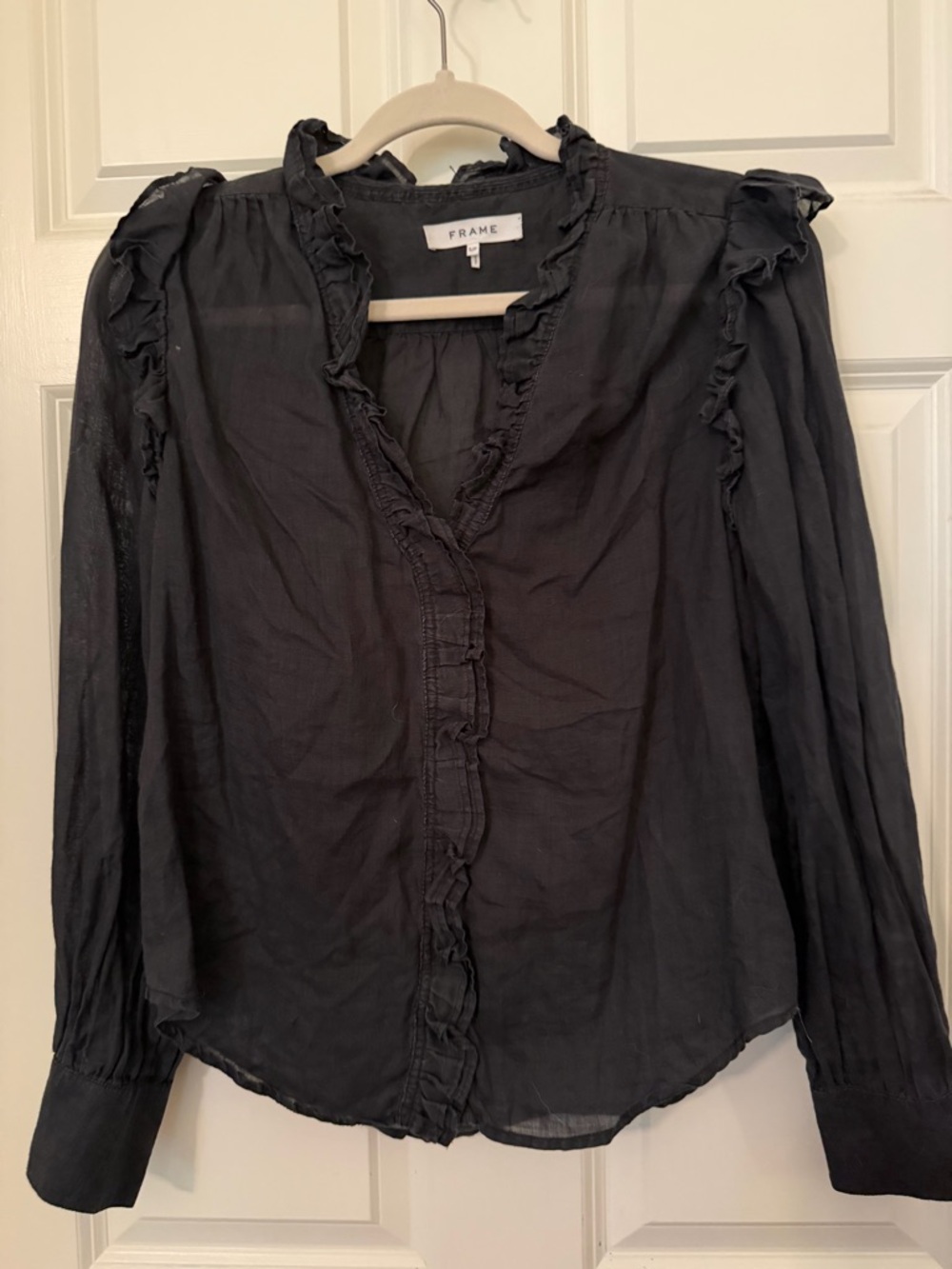 FRAME Black Ruffle-Trim Semi-Sheer Button-Front Blouse